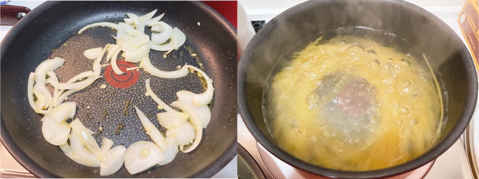 たまねぎを炒める,パスタを茹でる